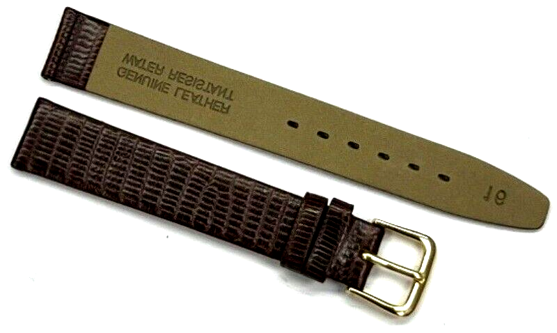 New Watch Band Brown 16MM Genuine Leather Lizard Grain Flat Slim