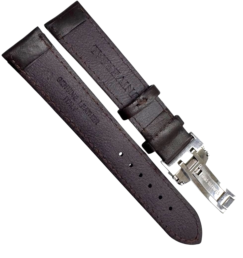 18mm BROWN Genuine Leather stitched Padded Watch Band With Deployment Buckle