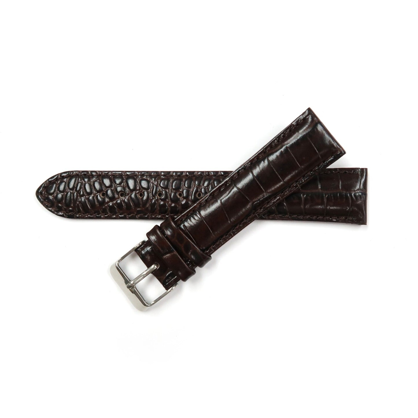 Genuine Leather Watch Band 20mm Padded Croco Grain Stitched in Brown