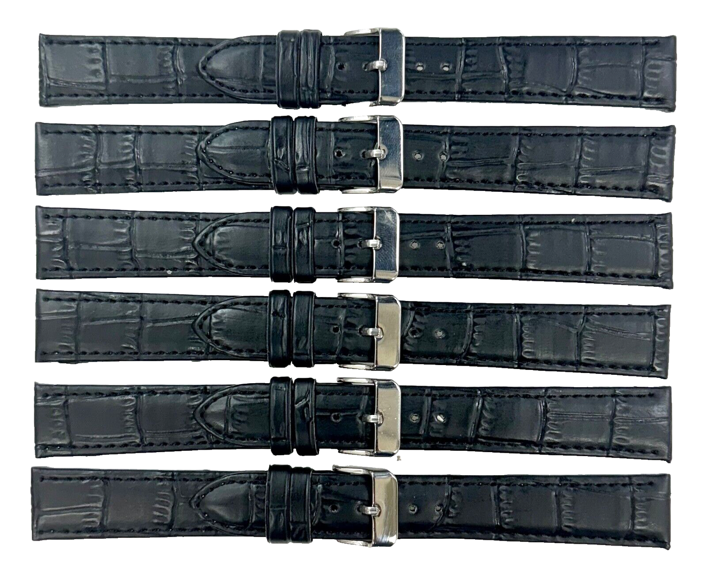Lot of 6 Watch Bands Black Genuine Leather Alligator Grain Flat Stitches 18x16mm