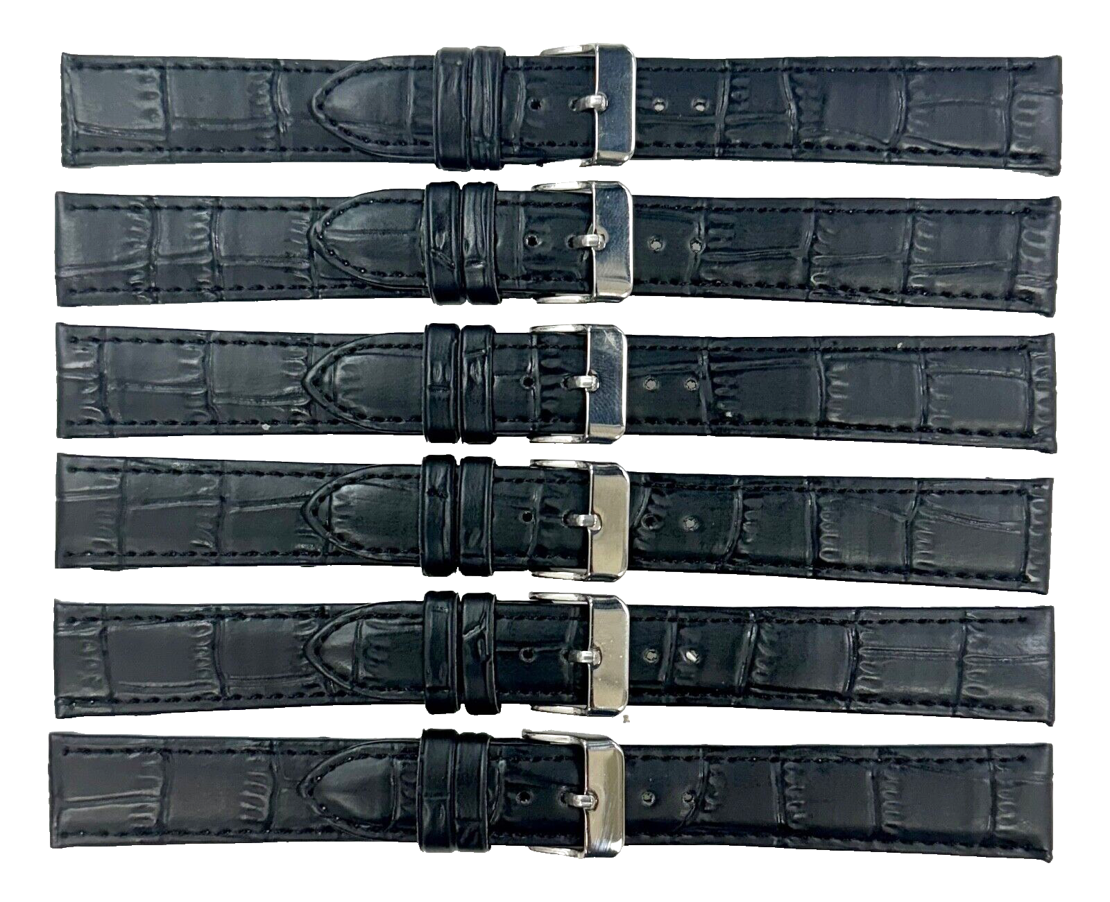 Lot of 6 Watch Bands Black Genuine Leather Alligator Grain Flat Stitches 18x16mm