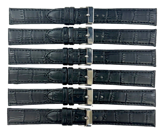 Lot of 6 Watch Bands Black Genuine Leather Alligator Grain Flat Stitches 18x16mm