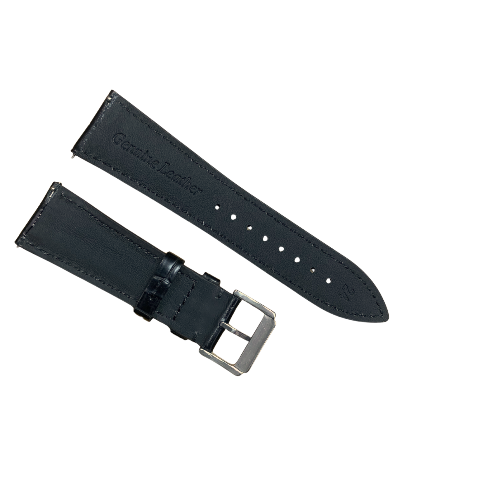 Genuine Leather Watch Band Black - Alligator Grain with Steel Buckle -24mm width