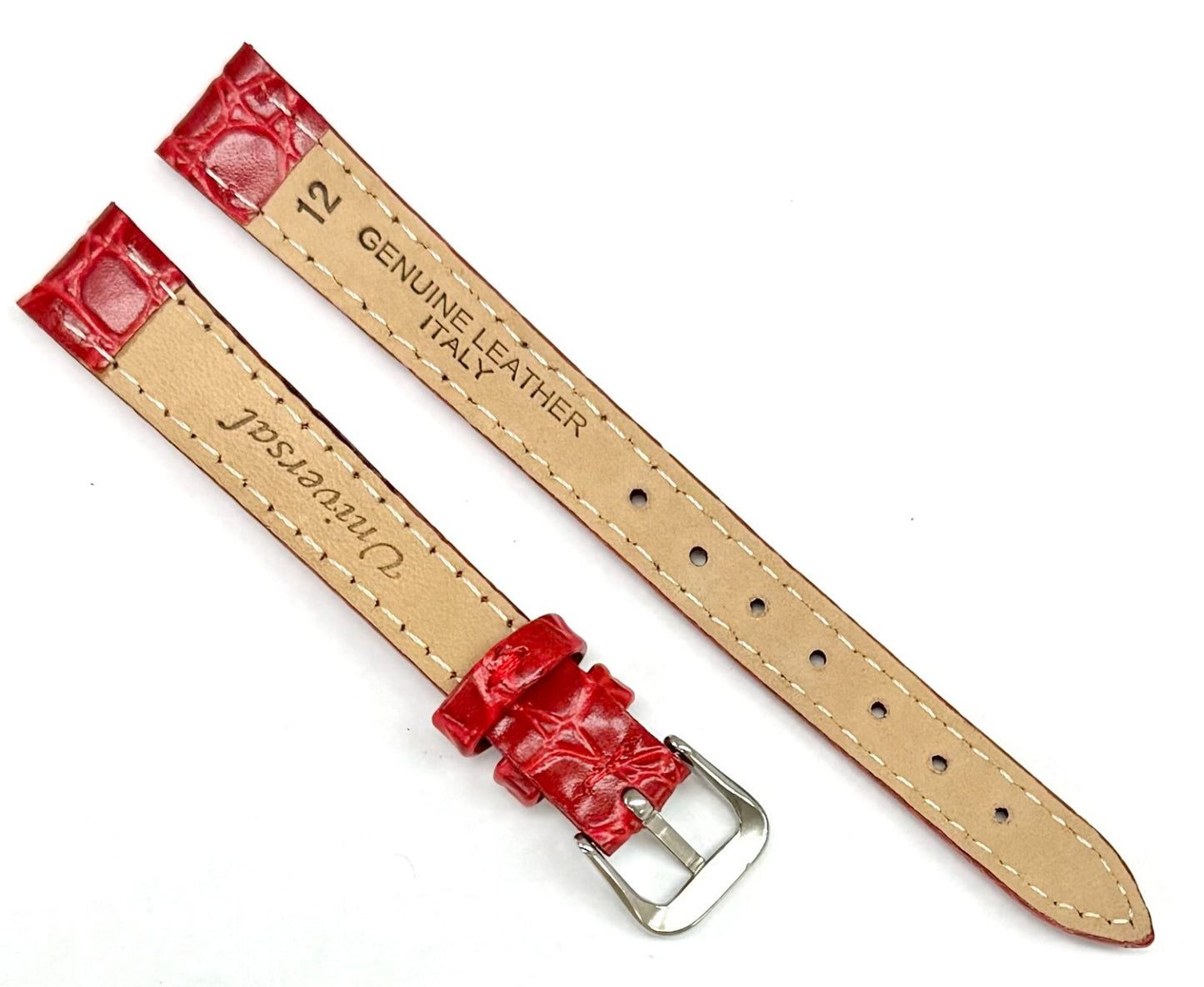 (8-14)mm Genuine Leather Red Crocodile Grain Watch Band, Padded & Stitched, Lady