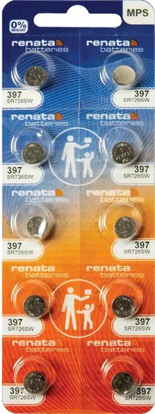 Ten (10)  Renata 397 Watch Battery SR726SW SWISS MADE, 0% MERCURY