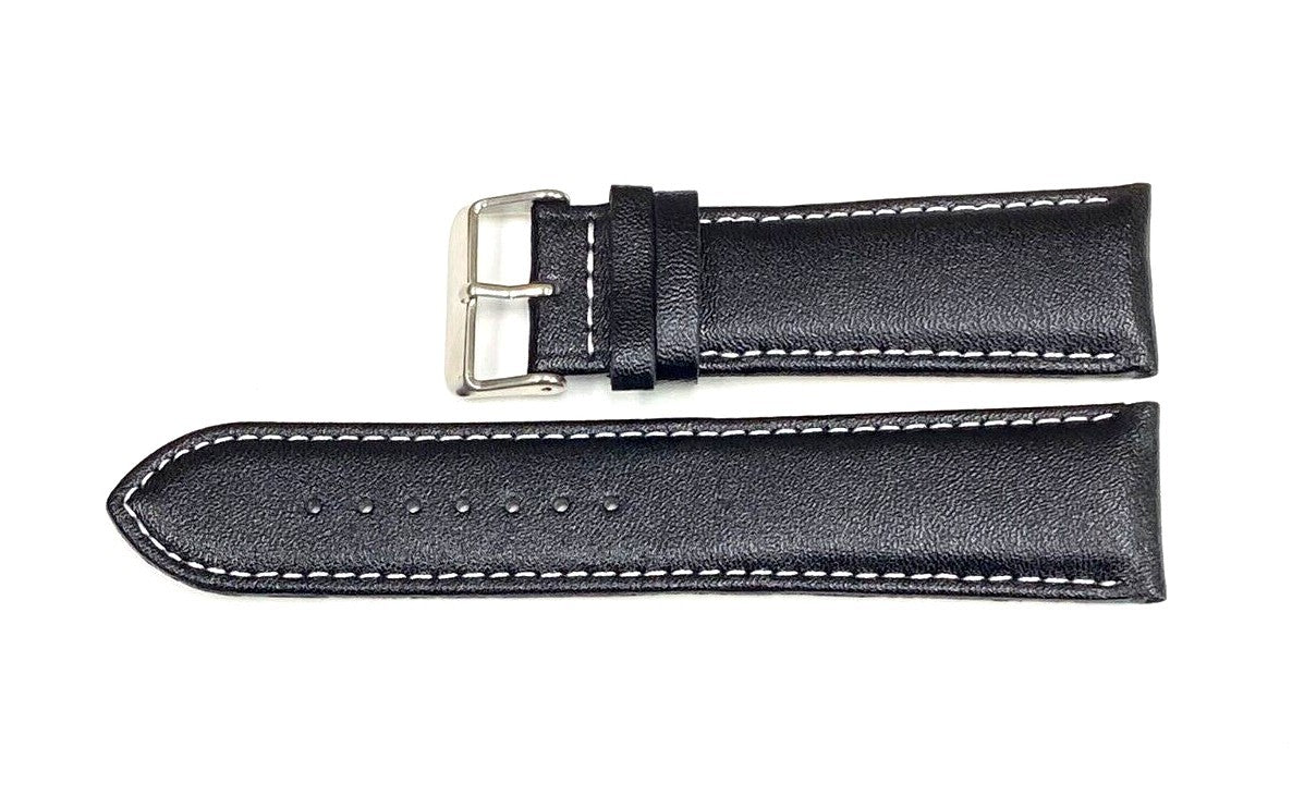 Watch Band Genuine Leather Plain PADDED With Stitches Black Color Of Size 24MM