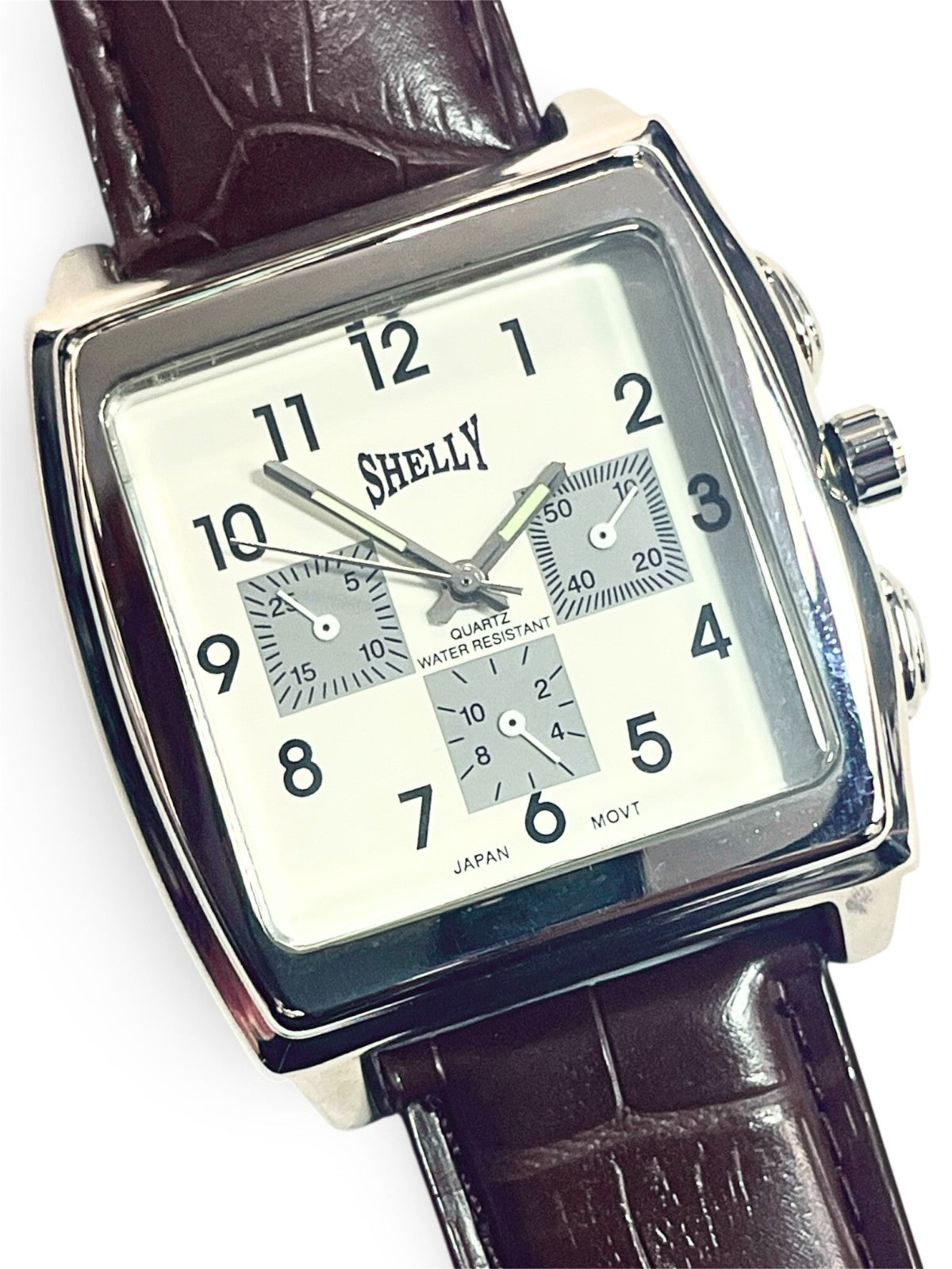 SHELLY Square Dial Watch Silver Tone Brown Genuine Leather Band