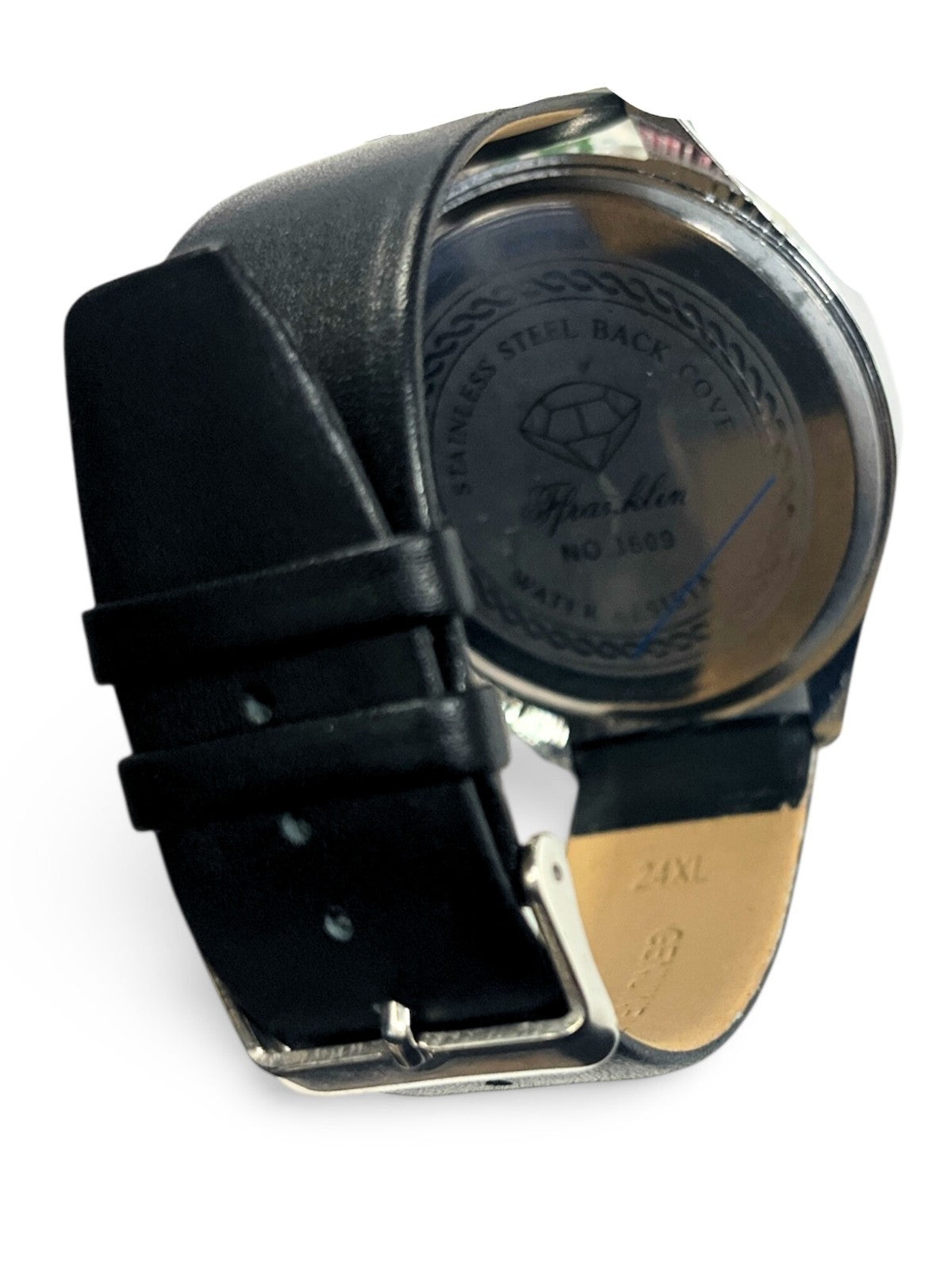 Tony Montana Rhinestones Dial Watch Men Silver Tone Black Genuine Leather Band