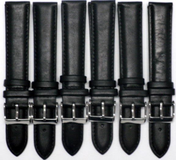 Lot of 6Pcs.Watch Bands Plain Black Genuine Leather Padded & Stitched 20mm