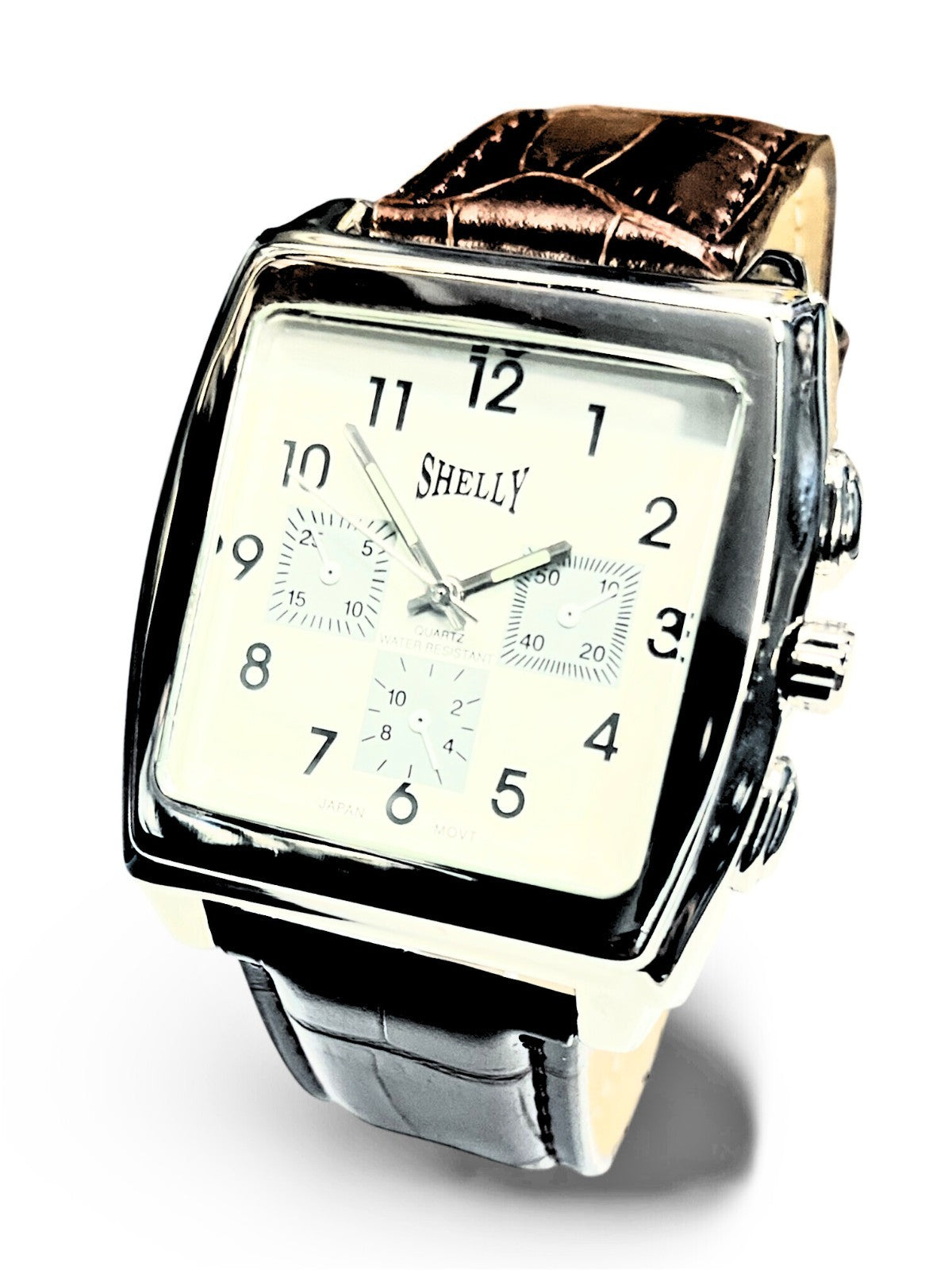 SHELLY Square Dial Watch Silver Tone White Dial Black Genuine Leather Band