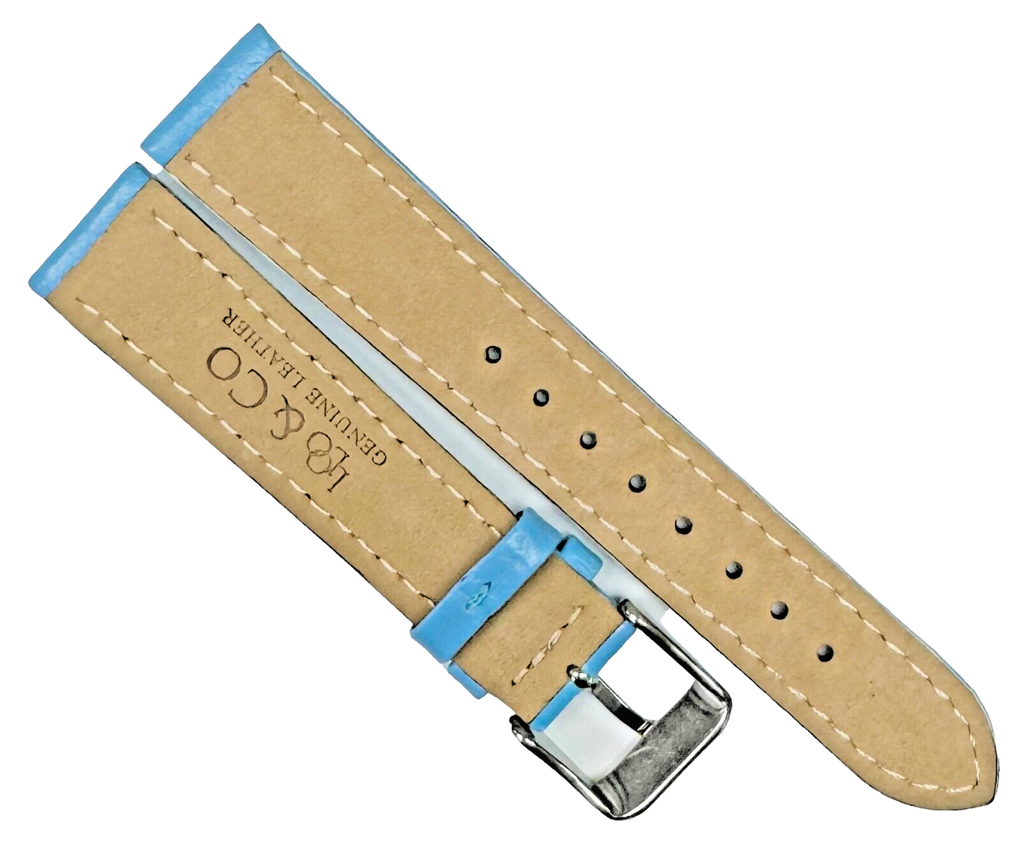 18mm, Lot of 6 Watch Bands Plain L.Blue Stitches Genuine Leather Padded