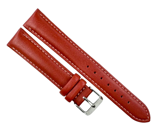 18 MM Plain Padded Red Genuine Leather Watch Band w/ White stitches (A1 Quality)