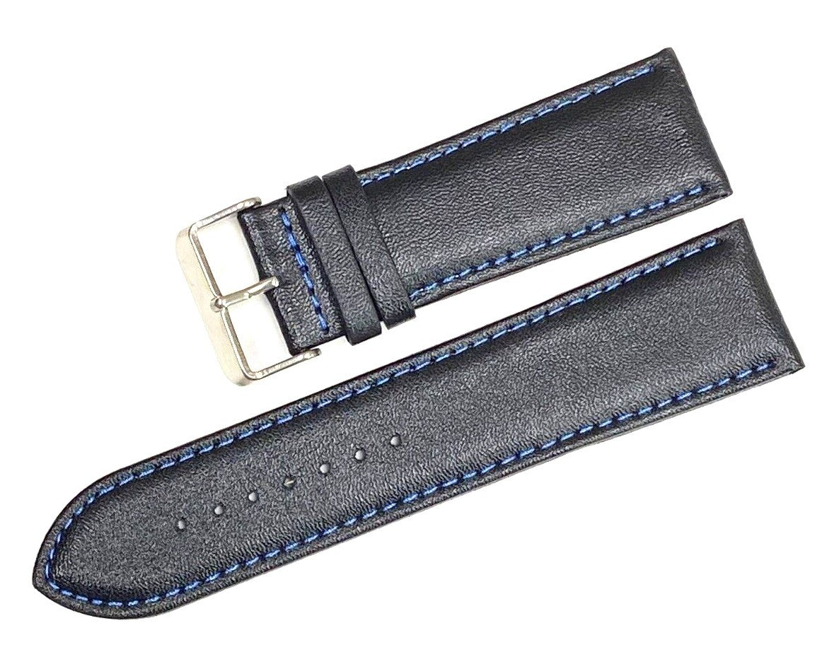 Watch Band Genuine Leather Plain PADDED With Stitches Black Color Of Size 26MM
