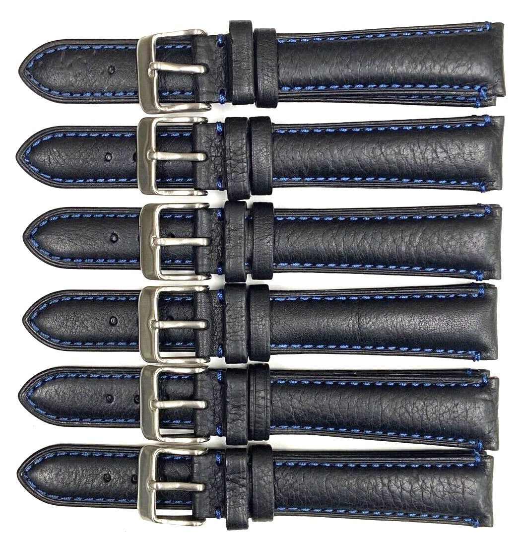Watch Band Genuine Leather Plain PADDED With Stitches Black Color Of Size 18MM