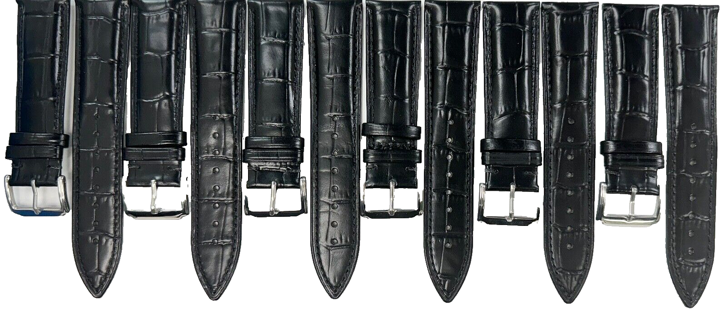 Lot of 6, 22mm Black Genuine Leather Watch Band Alligator Grains Padded