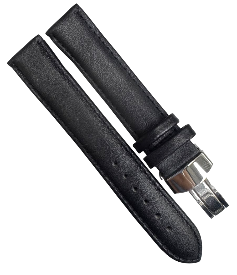 20mm BLACK Genuine Leather stitched Padded Watch Band With Deployment Buckle