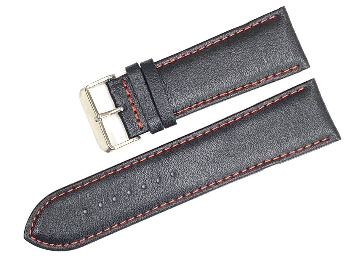 Watch Band Genuine Leather Plain PADDED With Stitches Black Color Of Size 26MM