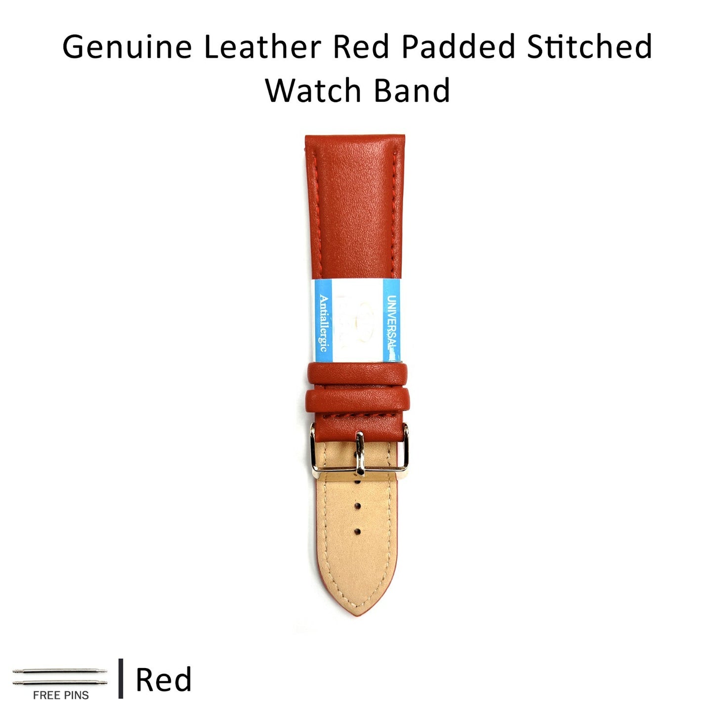 Genuine Leather Red Color Watch Band 12 MM to 30 MM Red & White Stitched