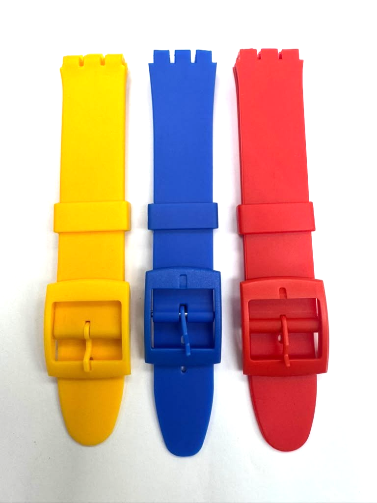 SET OF 3 COLORS 17MM PVC Watch Band Flat without Pins for SWATCH Blue Red Yellow