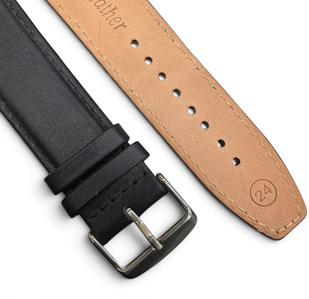 24 MM BLACK GENUINE LEATHER Watch Band for High End Watches Stitched