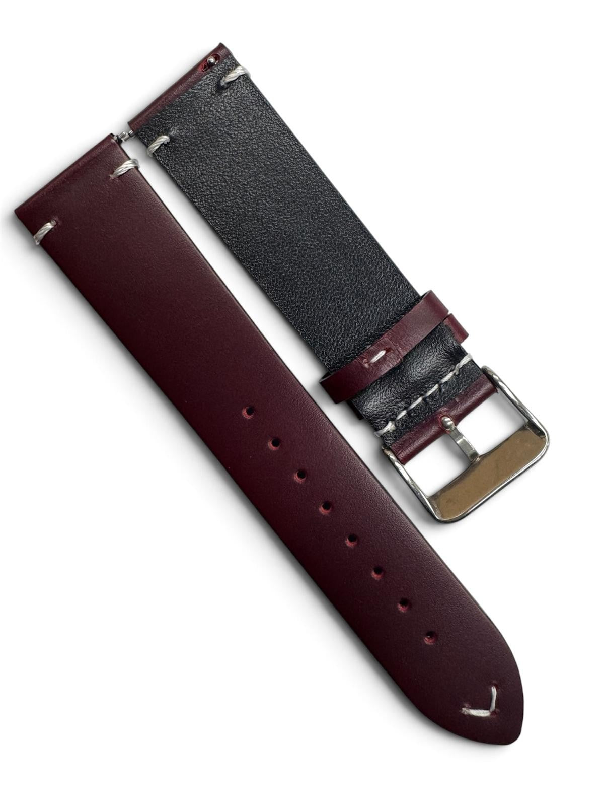 STITCHED GENUINE LEATHER UNIVERSAL WATCH BAND 22mm WINE RED COLOR