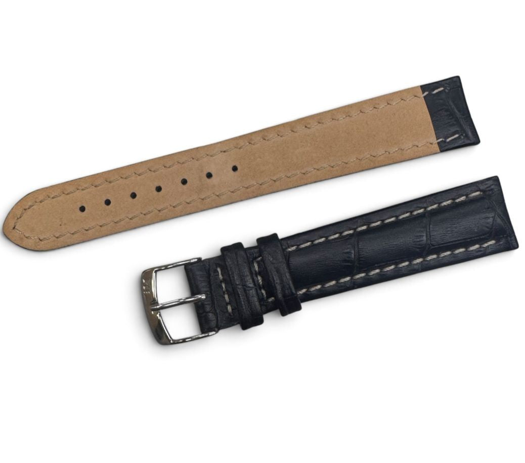 18MM BLACK LEATHER ALLIGATOR GRAIN PADDED STITCHED WATCH BAND