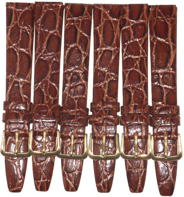  Lot of 6Pcs. Watch Bands  Brown 12MM Genuine Leather Crocodile Grain Flat,Slim