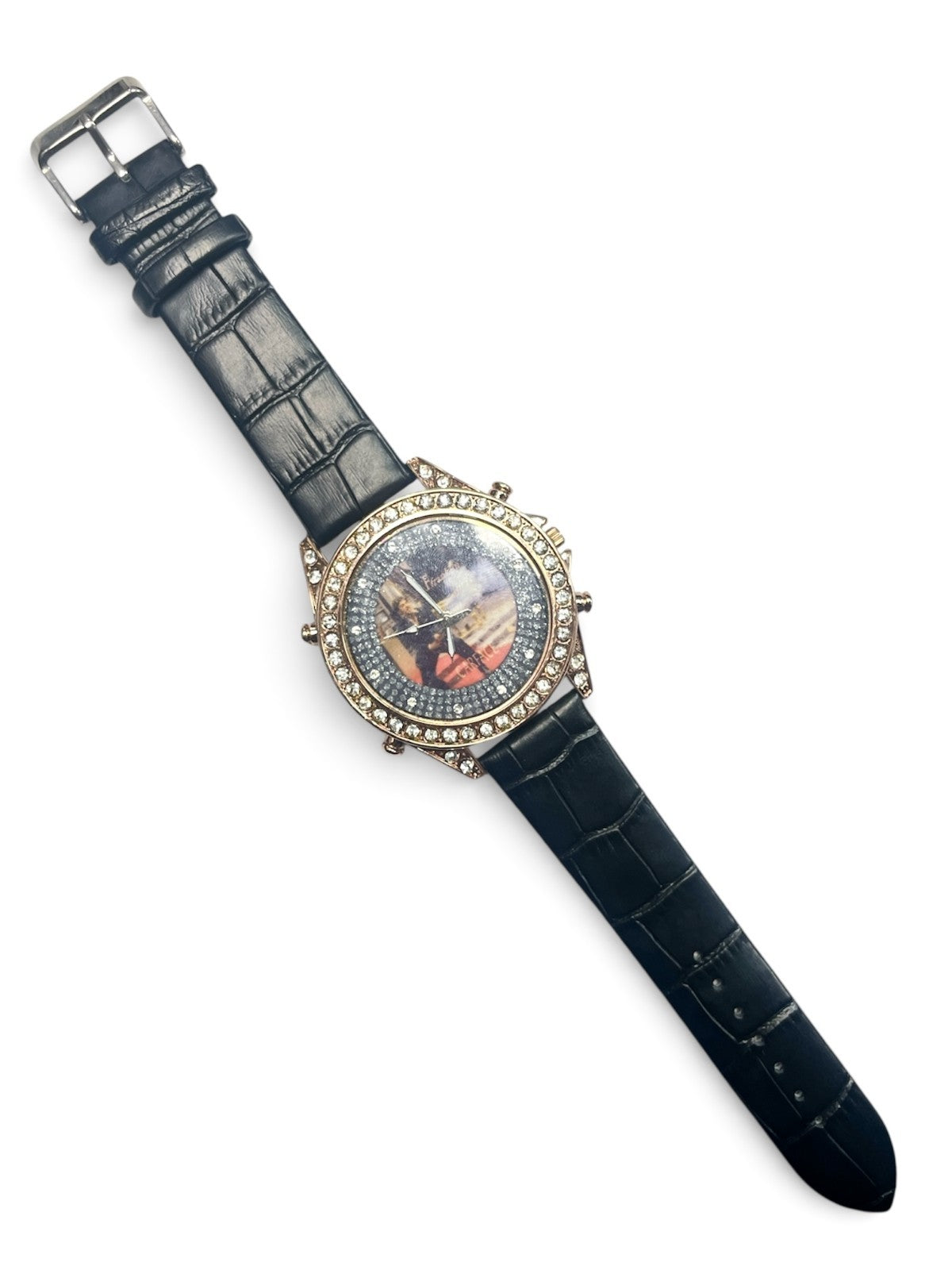 Rhinestones Dial Men Gold Tone Black Genuine Leather Band Watch