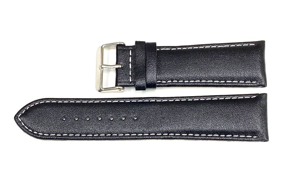Watch Band Genuine Leather Plain PADDED With Stitches Black Color Of Size 24MM