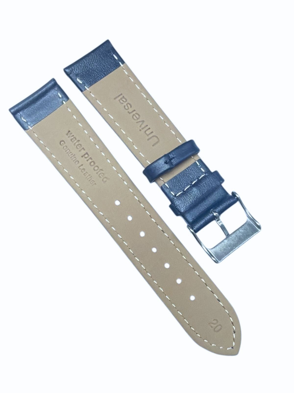 Genuine Leather Navy Blue Stitched Straight Watch Band Sizes: 14,16,18,20,22mm