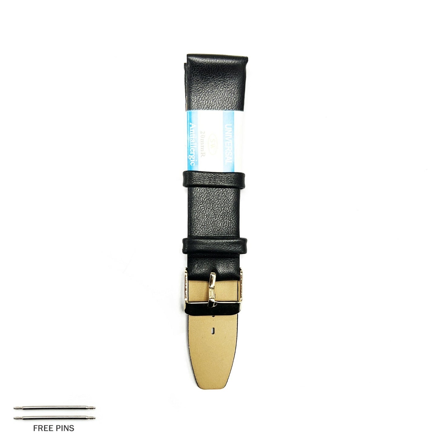Universal,Watch Band Black Plain Smooth Genuine Leather Flat 20mm 