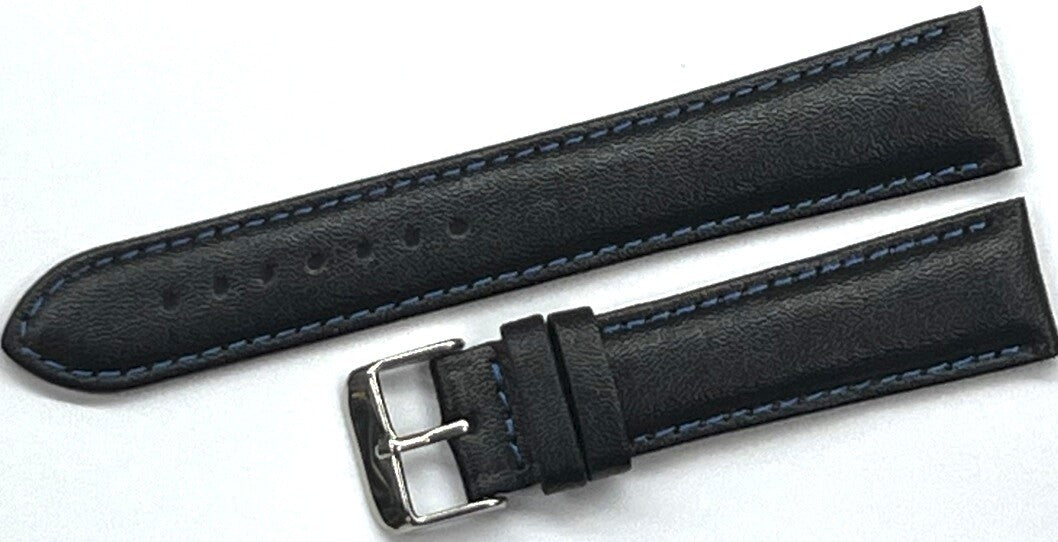 Watch Band Plain Black w/Blue Stitches Genuine Leather Padded 20mm