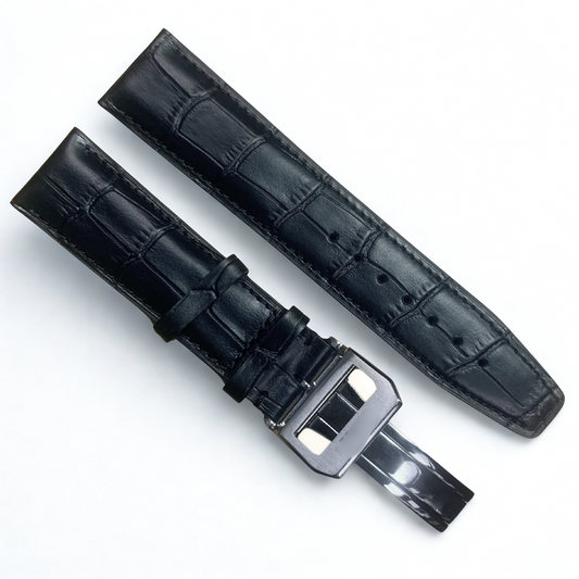 22mm Black Genuine leather Band Strap | Crocodile-Style w/ Clasp for IWC Bands