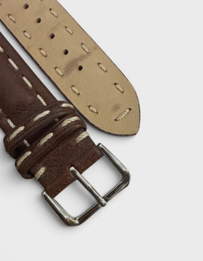 18mm Brown Genuine Leather Waterproof Padded white Stitched Watch Band