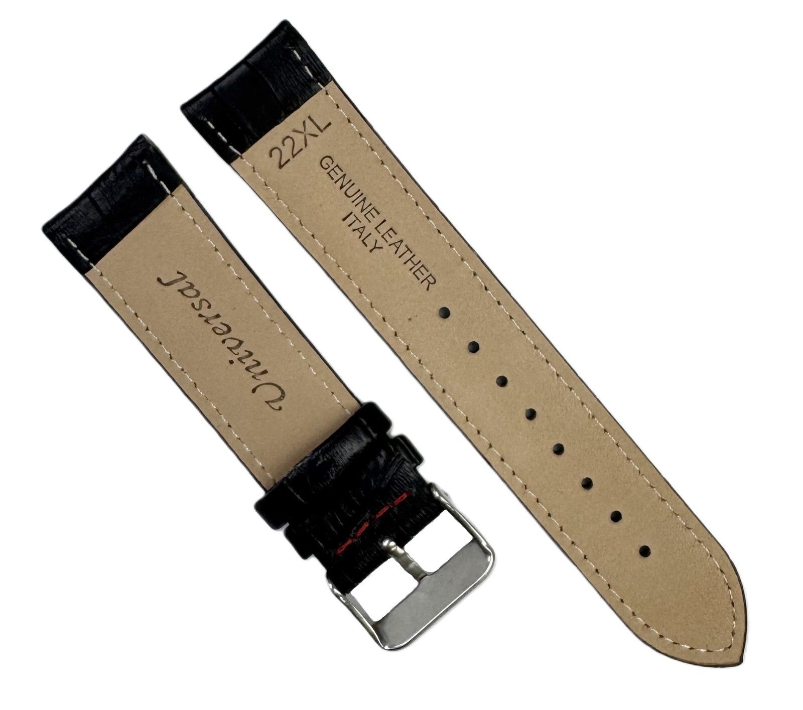 Watch Band Black Genuine Leather Alligator Grain Red Stitches 22mm XL
