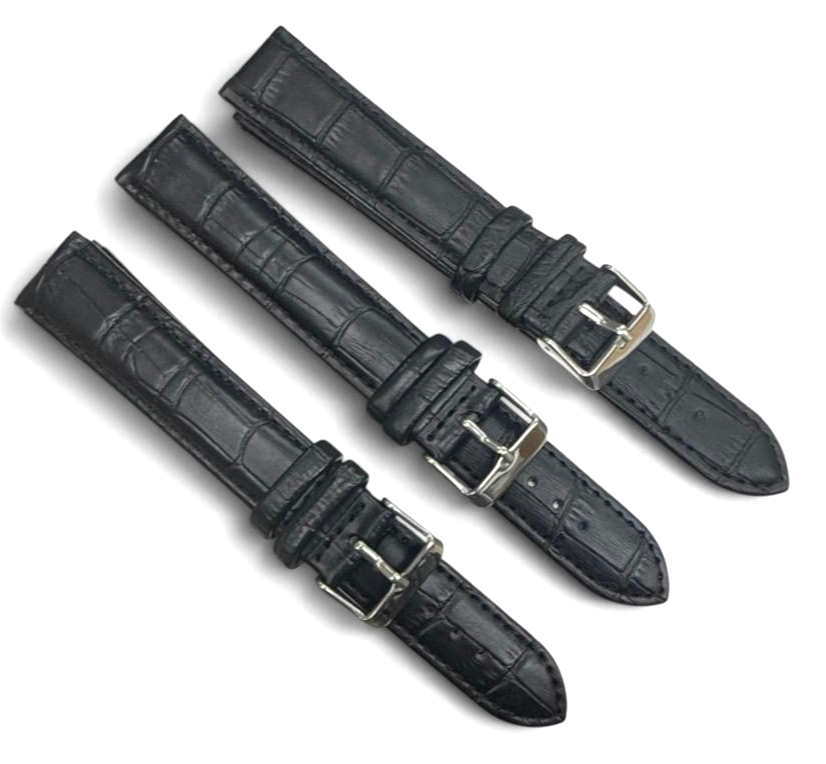 LOT OF 3 Watch Band Black Genuine Leather Padded, Stitched 20xxlMM