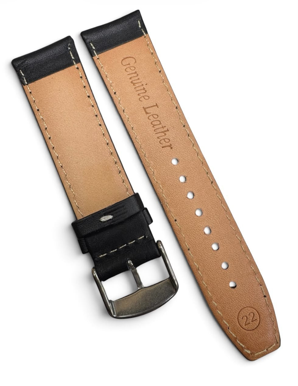 22 MM BLACK GENUINE LEATHER Watch Band for High End Watches Stitched