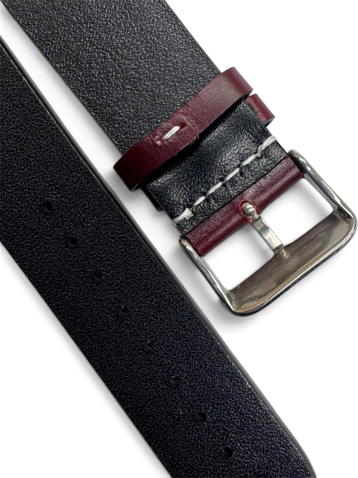 STITCHED GENUINE LEATHER UNIVERSAL WATCH BAND 22mm WINE RED COLOR