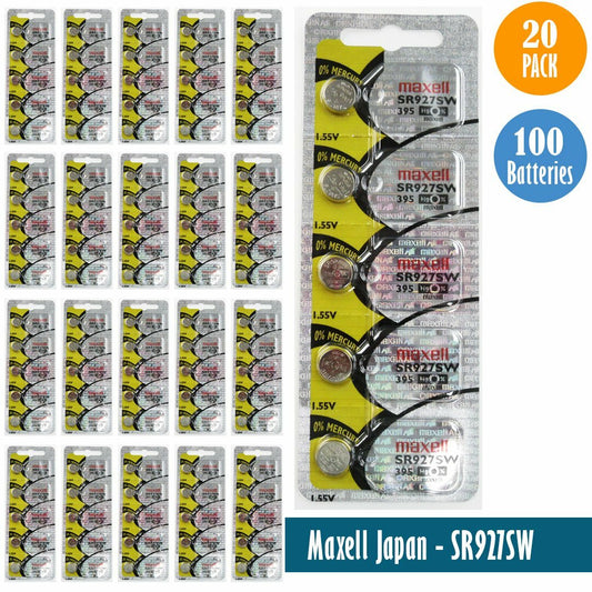 Maxell 395 Watch Cell Batteries SR927SW, SILVER-OXIDE (Pack of 100)