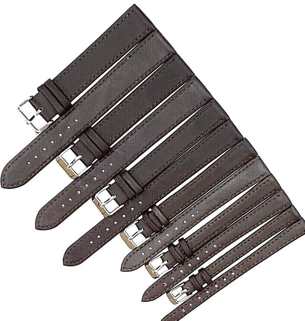 Watch Band Flat Genuine Leather Plain Brown 10,12,14,16,18,20,22 24mm XXL