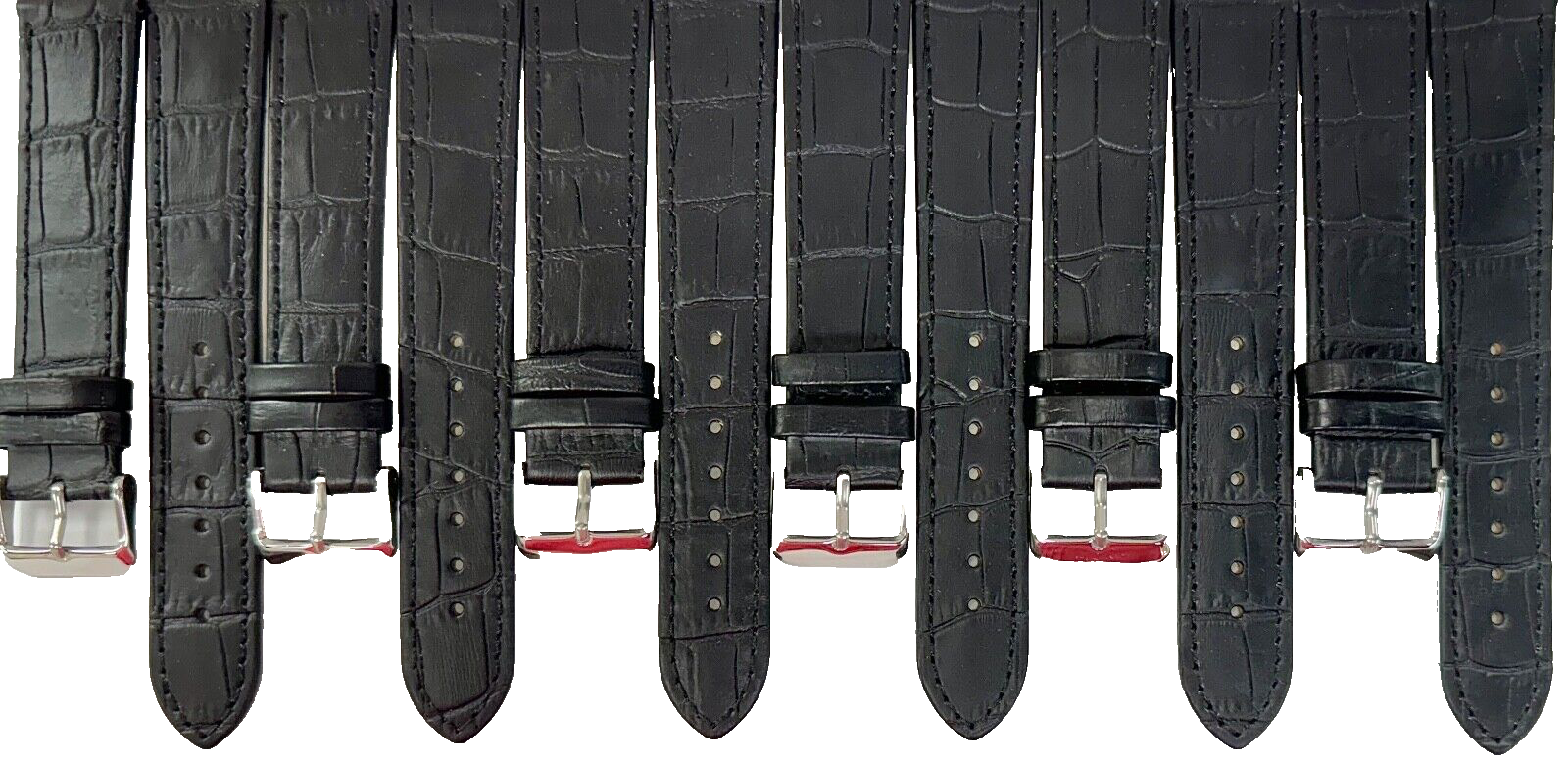 Lot of 6 Watch Bands Genuine Leather Alligator Grain Black, Flat 20mm