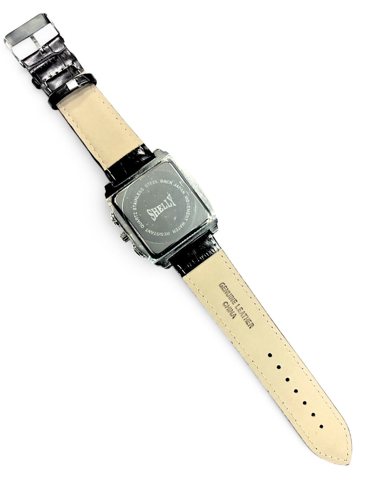 SHELLY Square Dial Watch Silver Tone White Dial Black Genuine Leather Band