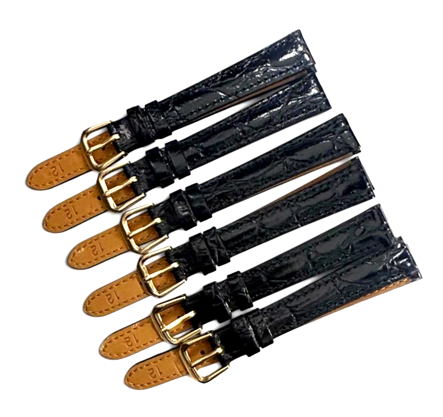 Black 12MM FLAT LEATHER STRAP BAND FOR WATCH GOLD Buckle set of 6)