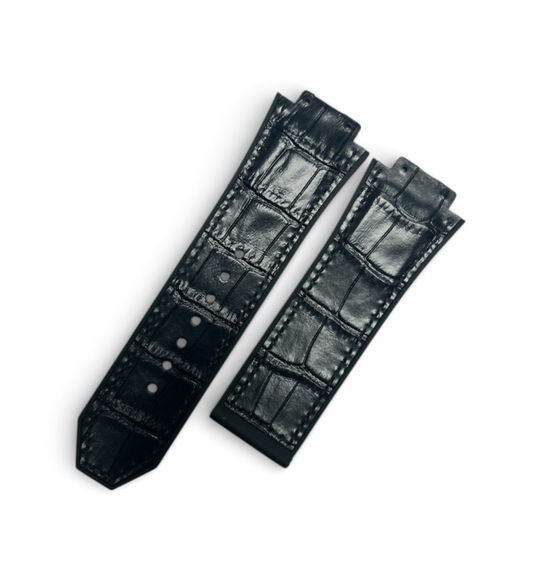 BLACK ALLIGATOR LEATHER WATCH BAND FOR HUBLOT WATCHES OF SIZE 29X24MM