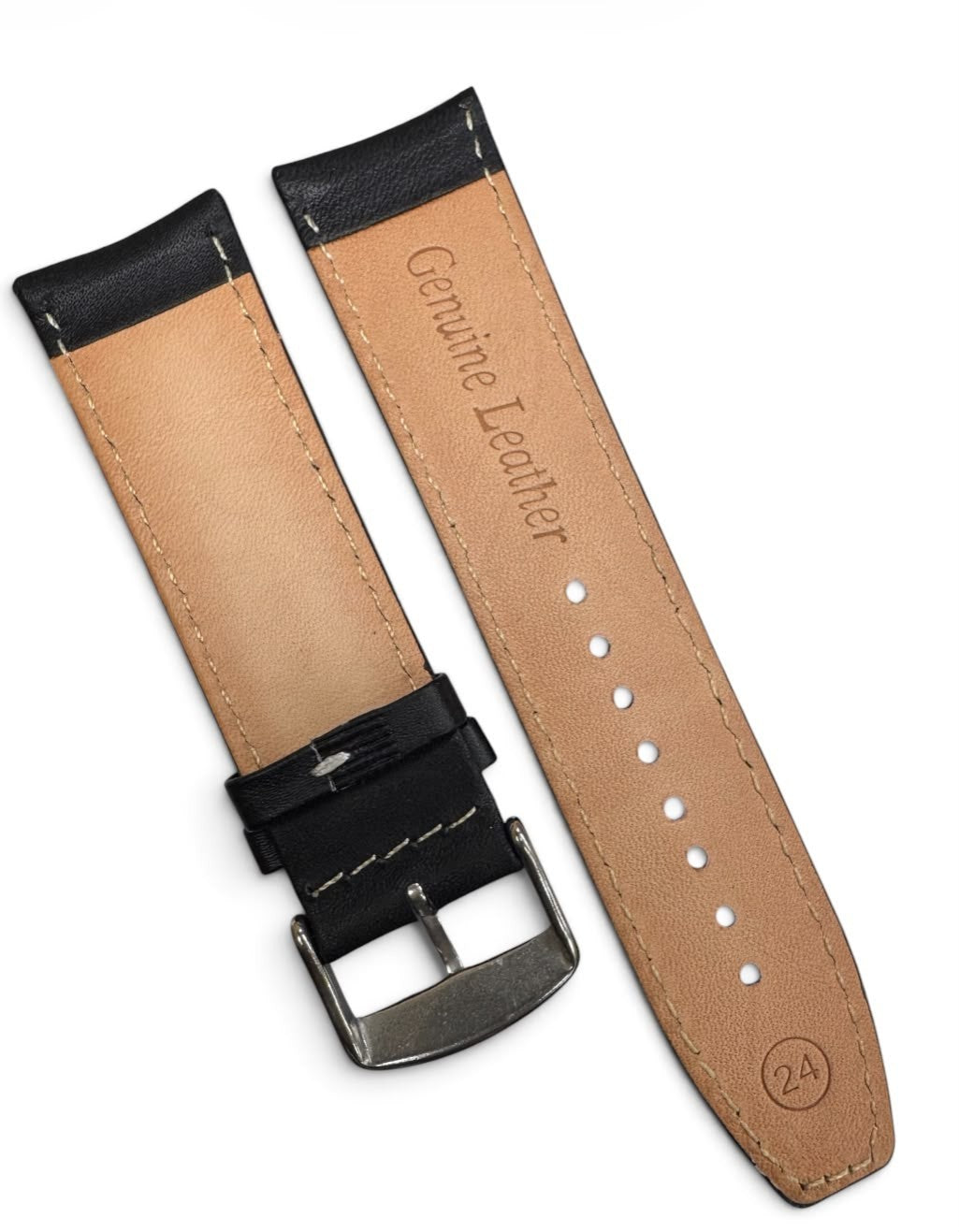 24 MM BLACK GENUINE LEATHER Watch Band for High End Watches Stitched