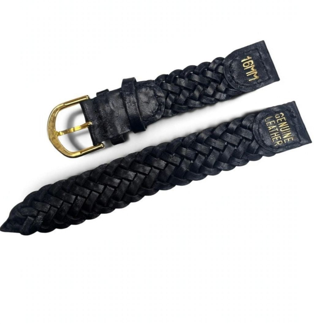 16MM, LOT OF 6 WATCH BANDS BRAIDED BLACK GENUINE LEATHER