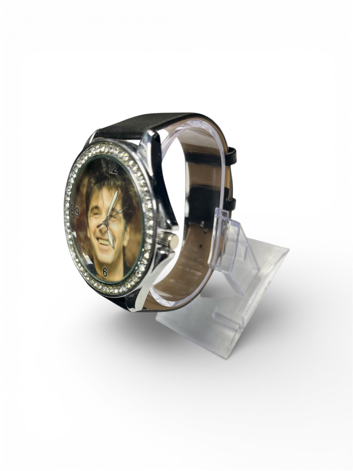 The Al Pacino Rhinestones Dial Watch Men Silver Tone Black Genuine Leather Band