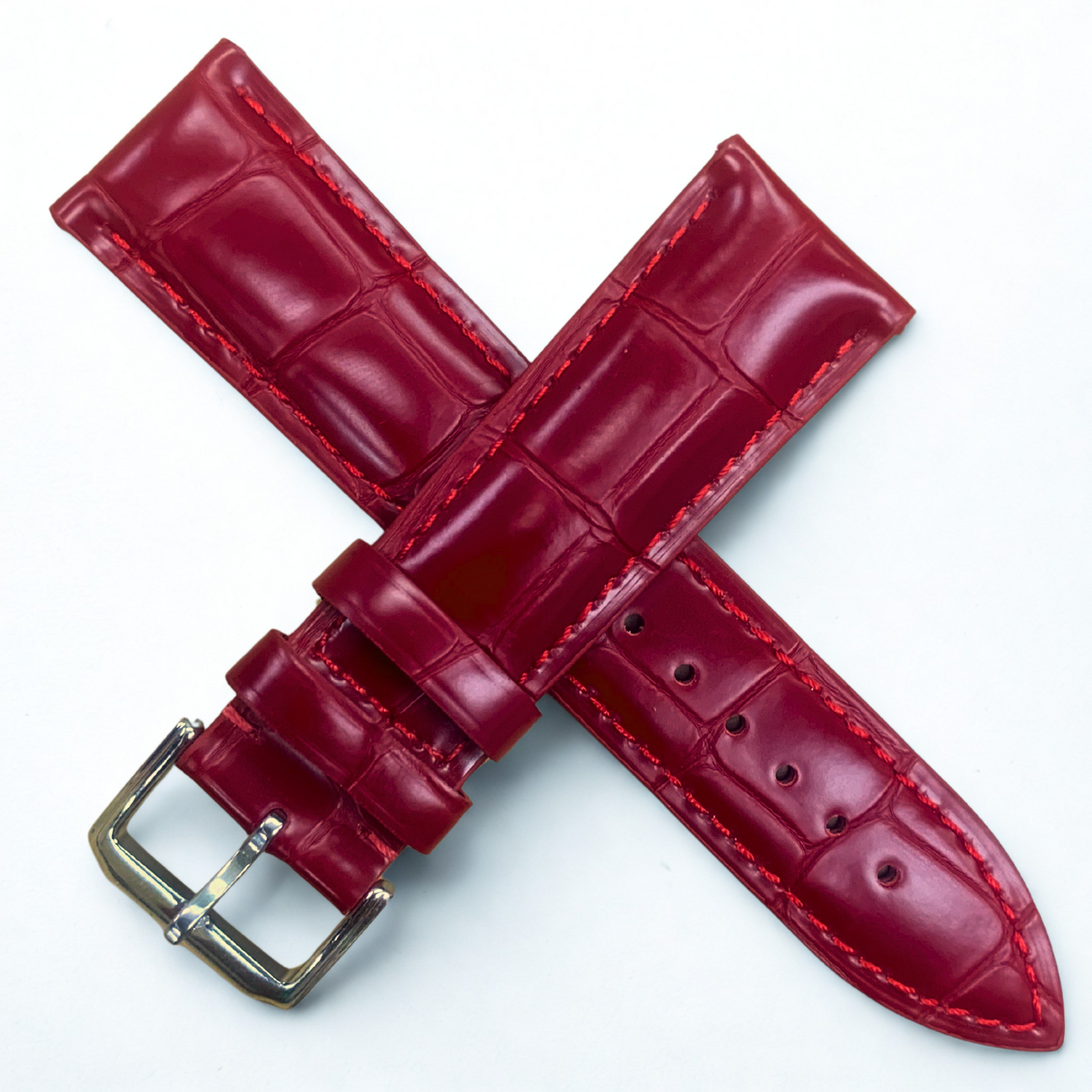 Genuine Leather Watch Band | Red Alligator Grain with Steel Buckle - 22mm width