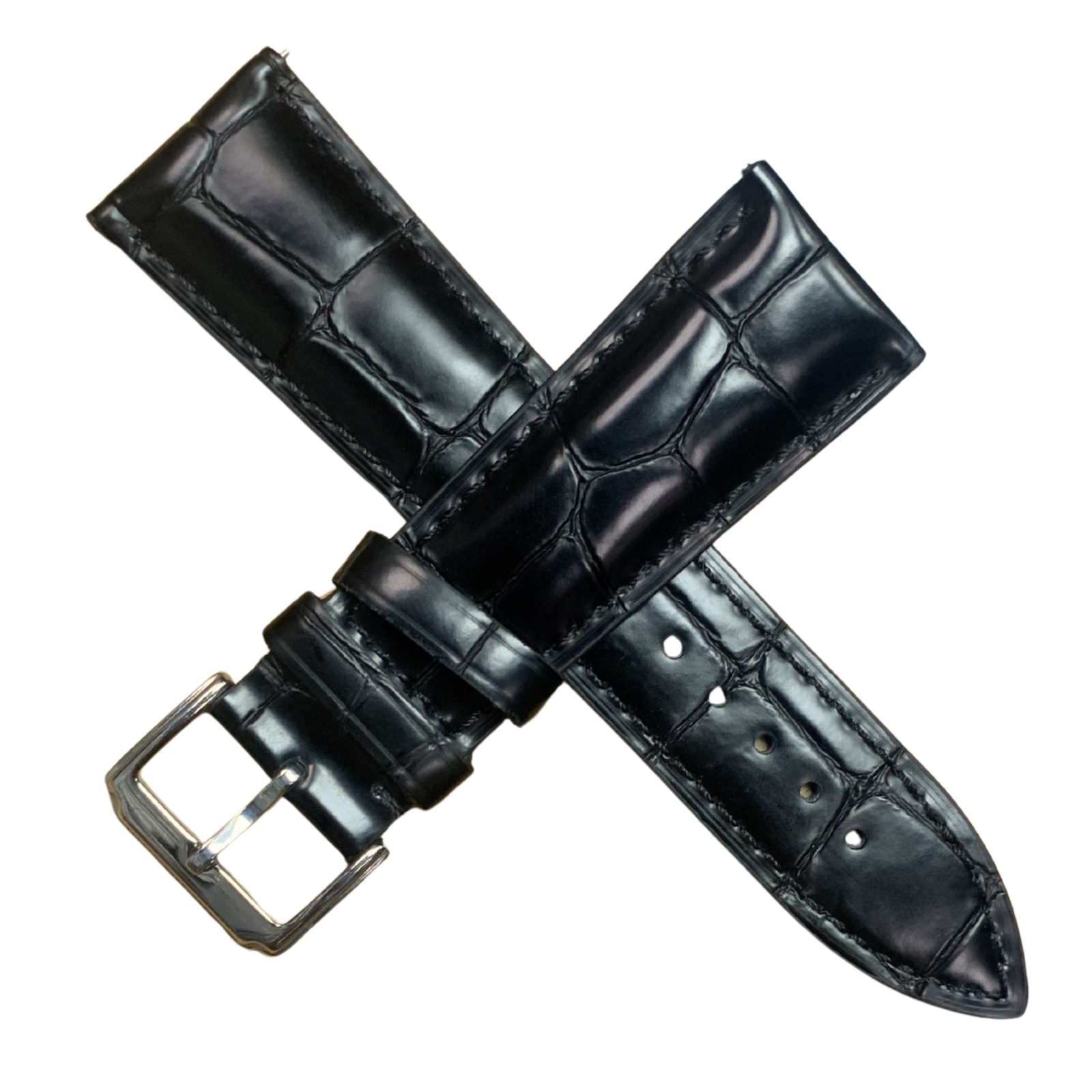Genuine Leather Watch Band Black - Alligator Grain with Steel Buckle -24mm width