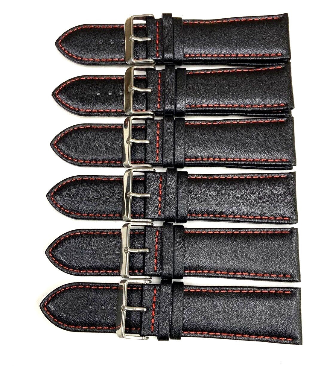 Watch Band Genuine Leather Plain PADDED With Stitches Black Color Of Size 24MM